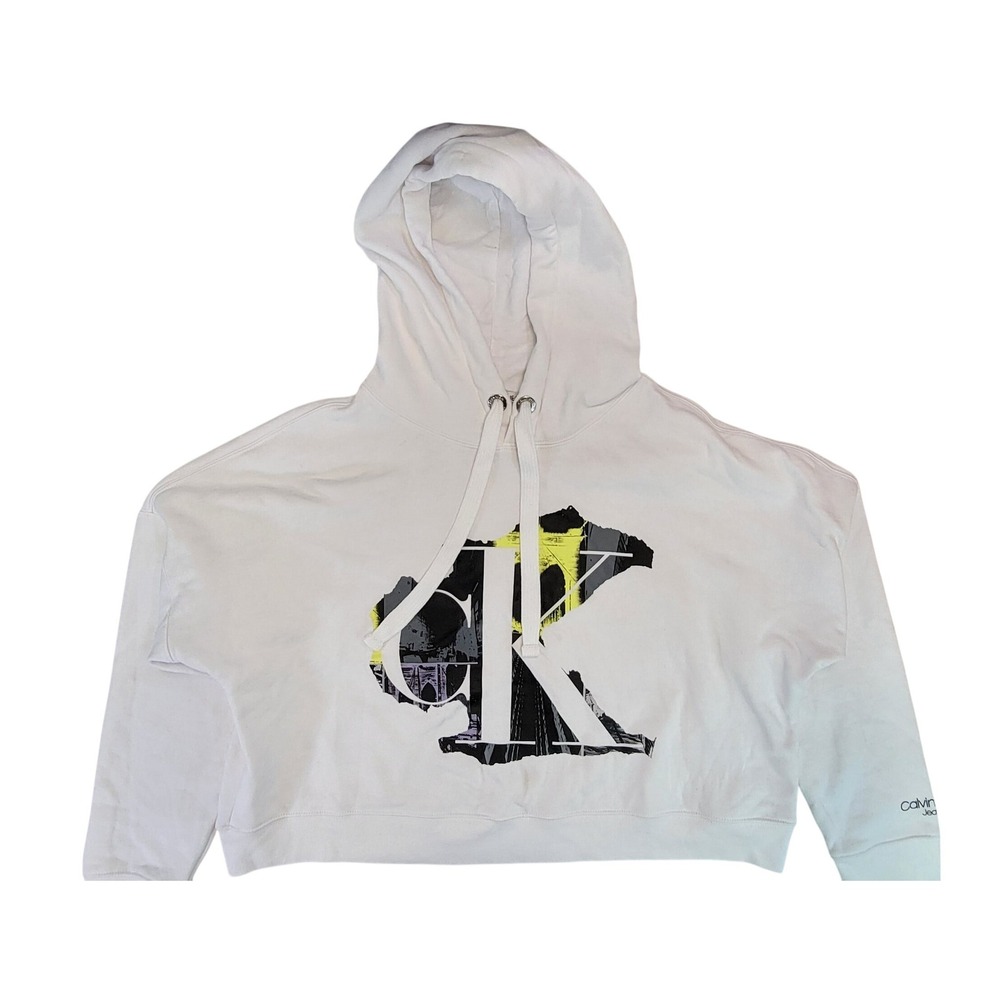 Calvin Klein Jeans Womens White Cropped Hoodie Graphic Logo Size L‎